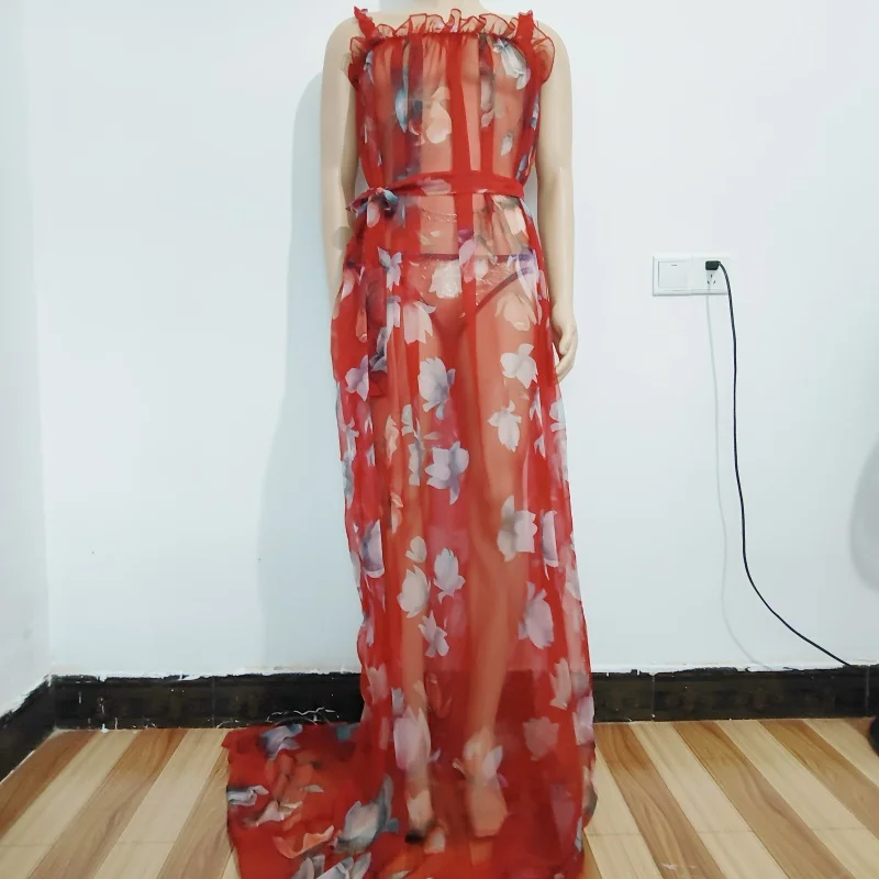 

Sexy Ice Silk Soft See Through Suspender Long Dress Floral Print Ruffled Beach Dress Sissy Couples Vacation Party Costumes ﻿