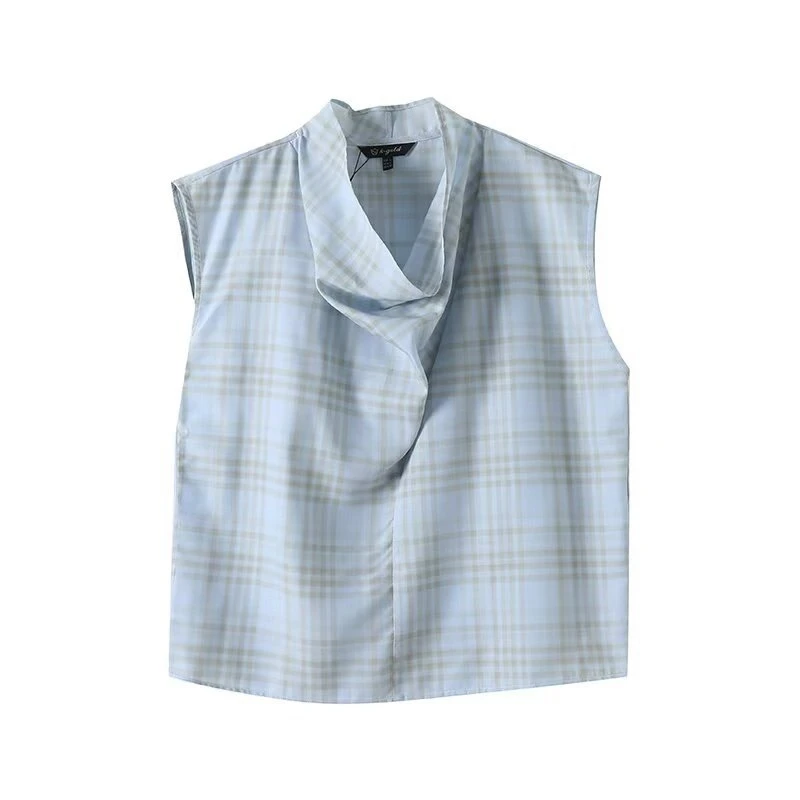 

Checkered Draped Collar Sleeveless Blouse 2025 Summer Casual Office Wear Pullover Loose Fit Comfortable Tops Women Fashion