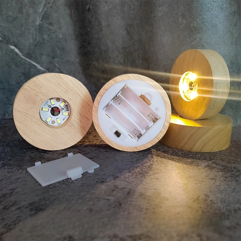 Wireless round LED light base 8 cm 10 cm warm white coloured battery-operated wooden display stand for 3D crystal resin ball