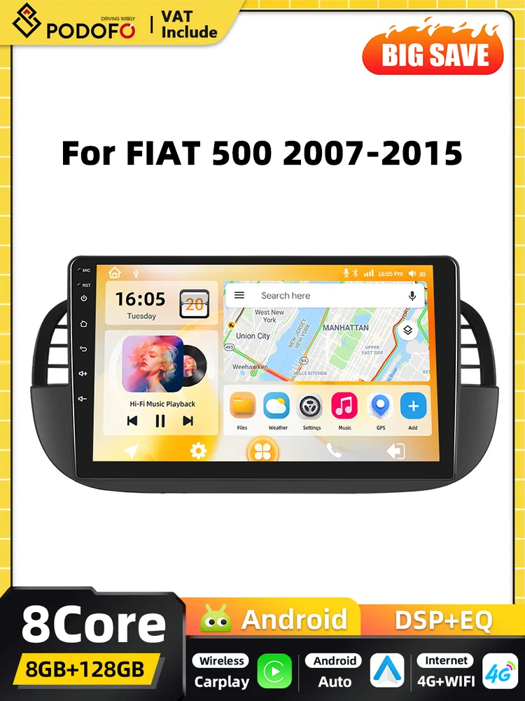 Podofo Qualcomm 8-Core Carplay 2DIN Android Auto Multimedia Speler Voor FIAT 500 2007 2008-2015 GPS Navigatie DSP WIFI FM RDS BT - afbeelding 2