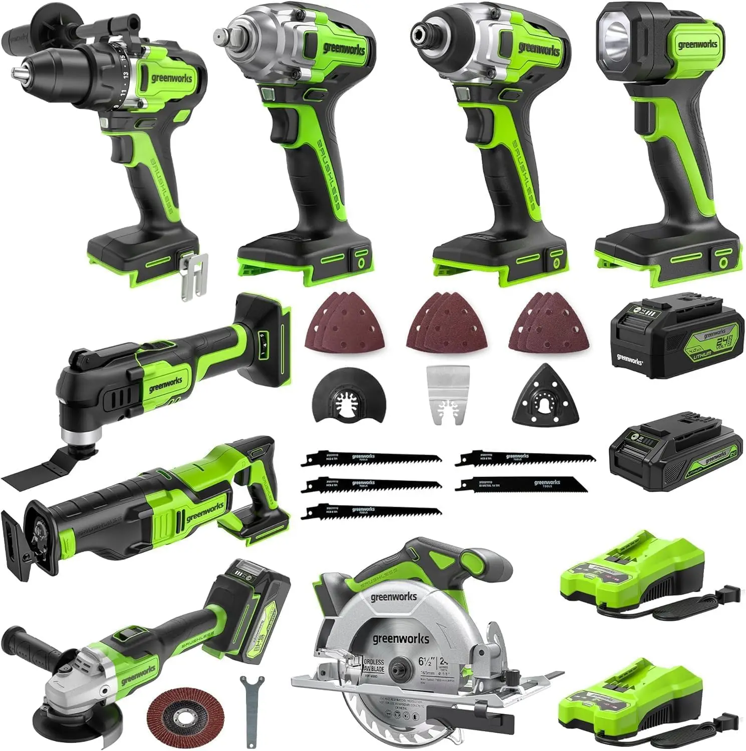 24V 8pcs Combo Kit,(2) Batteries & (2) Chargers. 800in/lb Drill, Impact Driver,Wrench, Multi-tool, Reciprocating Saw, Circular s