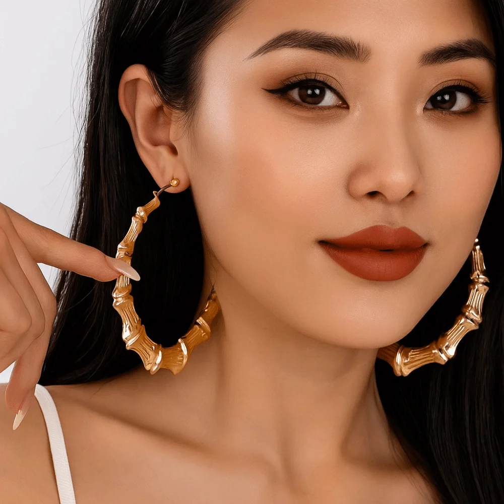 الأوروبية الأمريكية الخيزران المشتركة الأقراط الخيزران الملمس الرجعية تصميم كبير جولة الأطواق دائرة كبيرة أنيقة #2