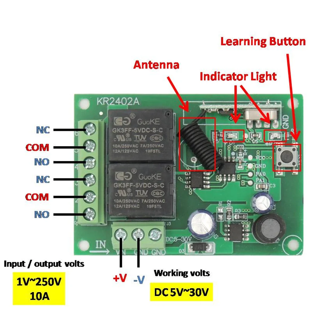 433MHz Universal Wireless Remote Control 110V 220V 10Amp 2200W 4CH Relay Receiver Module RF Switch for Gate Garage opener