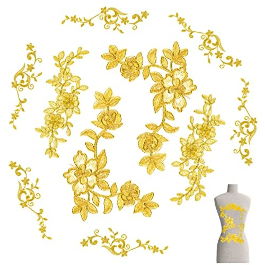 

10 Pieces Gold Flower Appliques Gold Lace Embroidery Patch Applique Sewing Fabric Craft Decoration Lace Patch Embroidered Appli