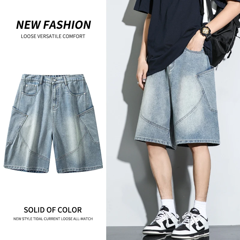 

Summer Men Fashion Wash Denim Knee Shorts Splice Design Cargo Pocket Loose Straight Bermudas Streetwear Y2K Casual Short Jeans