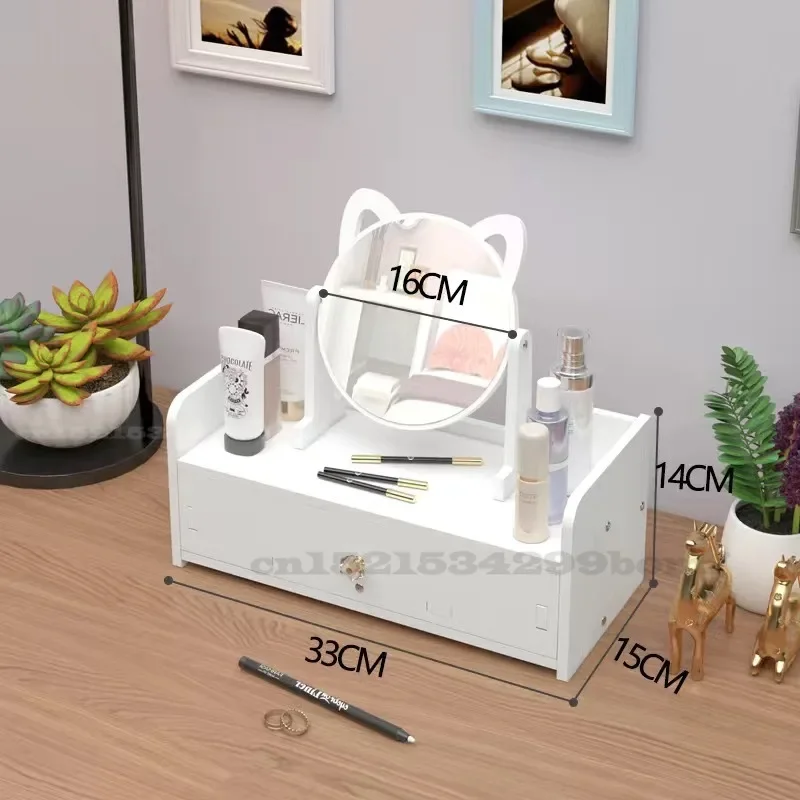 Dressing Table Dresser com Lovely Cats Espelho, Rotate Makeup Organizer, Escova de esmalte, Caixa de armazenamento de jóias, Casa