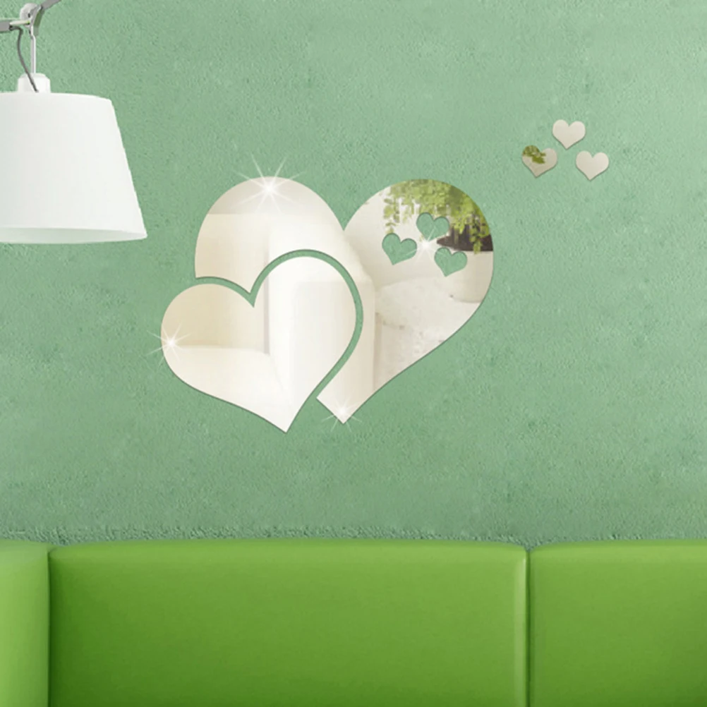 

Heart Shape Wall Stickers Mirror Decals Silver Plastic Removable Bedroom Room Bathroom Stylish Easy Install Smooth Walls