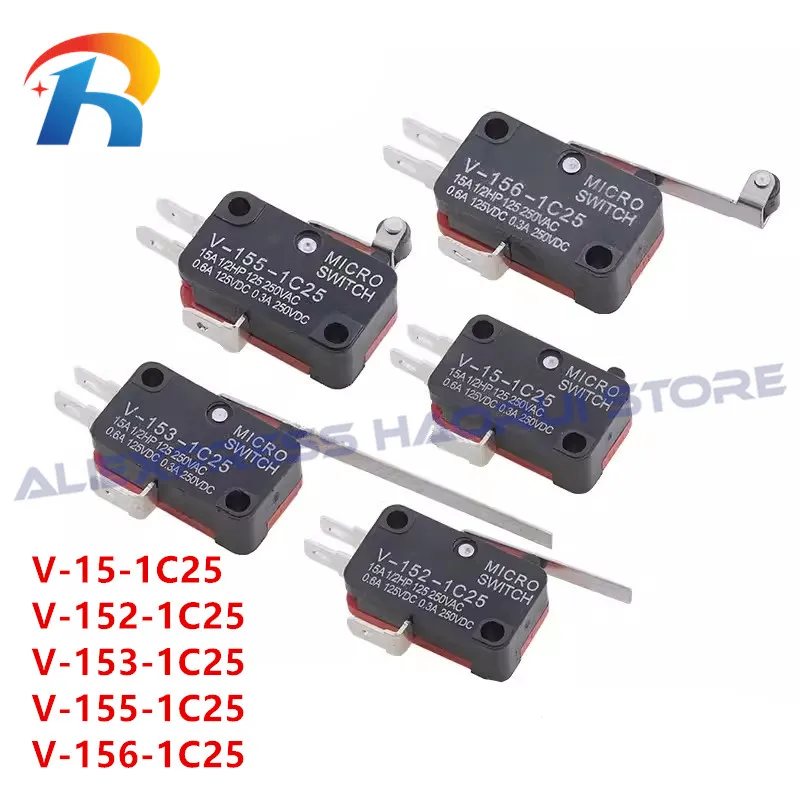 10ชิ้น/ล็อตไมโครสวิตช์จำกัดจังหวะ V-15-1C25 V-153-1C25 V-152-1C25 V-155-1C25ลูกกลิ้ง V-156-1C25สวิตช์มือจับยาว