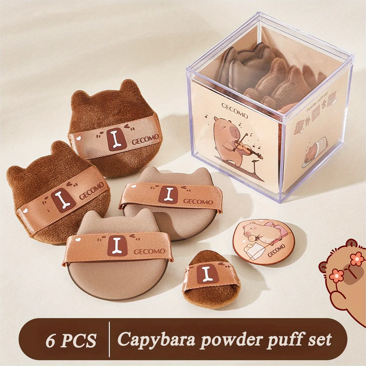 5/6PCS Capybara Powder puff Set Box Wet And Dry Use Mini Fingertip Powder Puff Soft Skin-friendly Flocking Air Cushion
