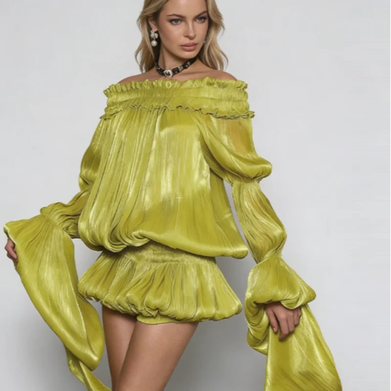 Suninheart Green Off Shoulder Mini Dress Oversized Flare Sleeve Shiny Dress Elegant Bubble Hem Sexy Party Dress Date Wear