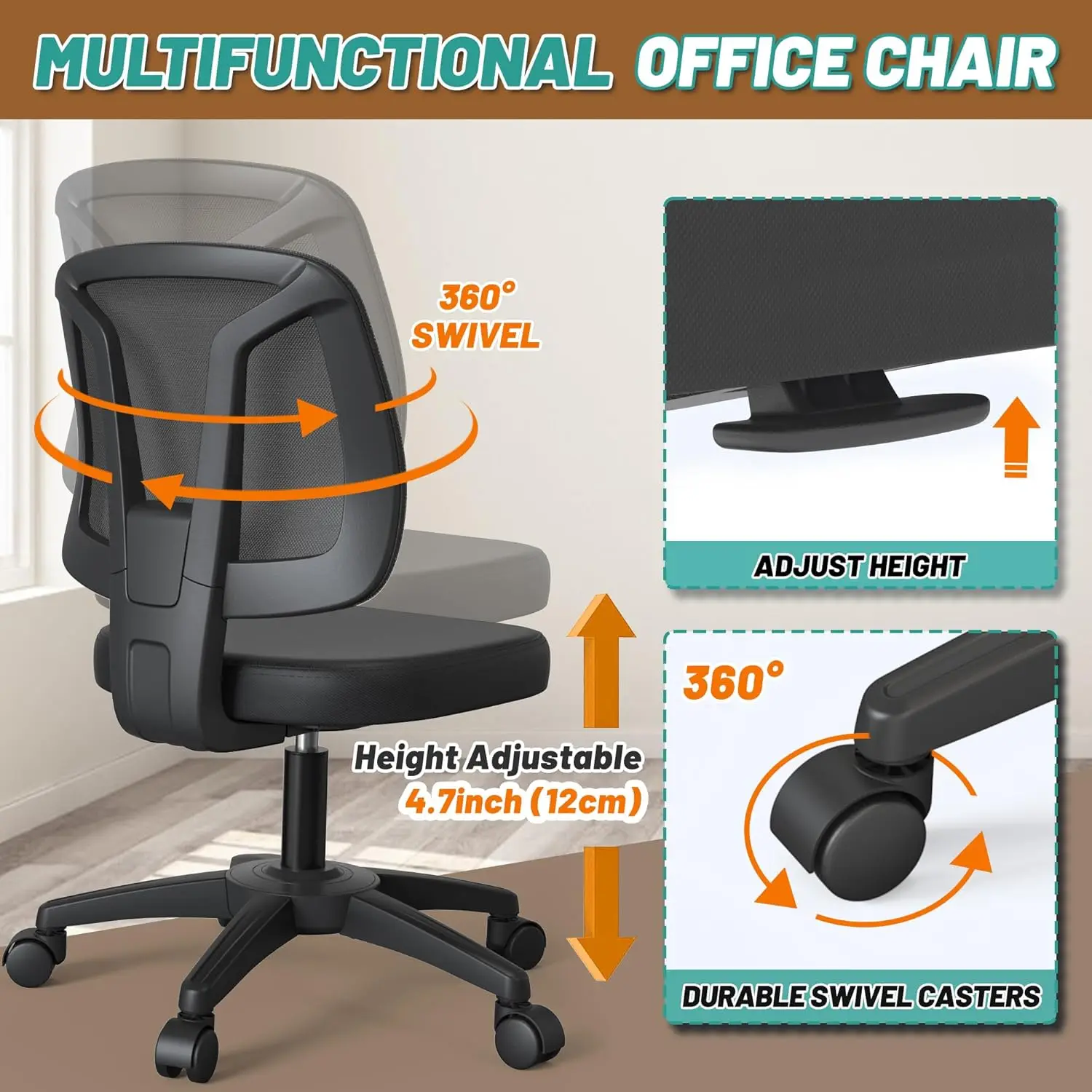 

Armless Ergonomic Swivel Home Office Task Chair With Back Support Rolling Wheels For Work And Study