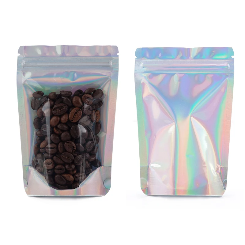 100 sztuk wielokrotnego zamykania Stand Up Zip lock plastikowa torba wyczyść przód Hologram folia aluminiowa worek do przechowywania zapach wodoodporne woreczki z zamkiem