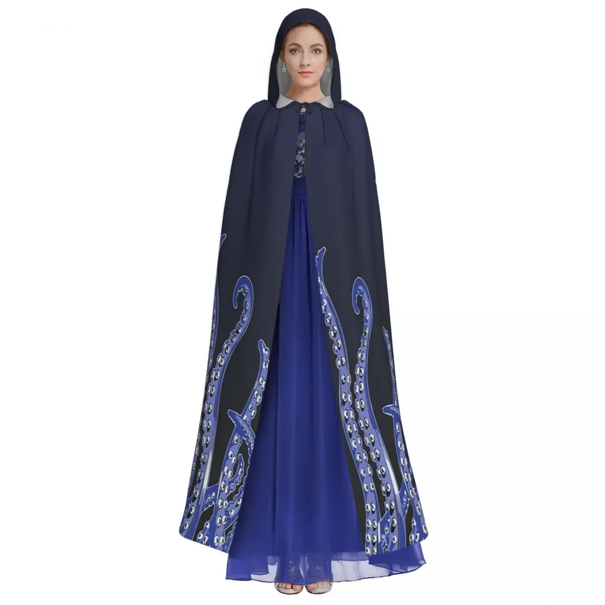 الأخطبوط مخالب الإطار الأزرق الداكن طويل مقنعين عباءة الساحرة القرون الوسطى زي تأثيري كيب هالوين مصاص دماء الكبار للجنسين
