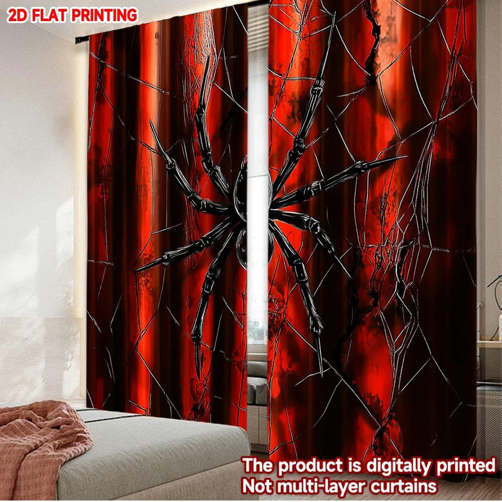 قطعتان من ستائر شبكة العنكبوت بطباعة رقمية مسطحة ثنائية الأبعاد، نسيج العنكبوت الأحمر والأسود الجريء مع نمط العنكبوت القوطي لديكور غرفة موضوع الرعب #1