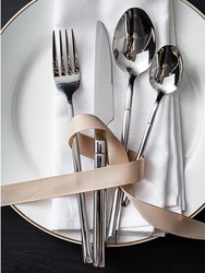 KuBac Hommi 24pcs Cutlery Set 18/10 Stainless Steel Rainbow Dinnerware Serrated Sharp Dinner Knife Gold Tableware Set