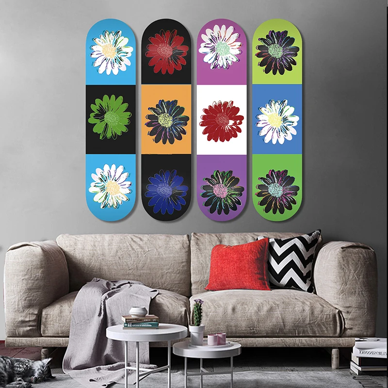 Set of 4pcs Nordic Sunflower Decorative Skateboard Art Collection Skate Deck Mural Wall Hanging for Men Cave Home Decor