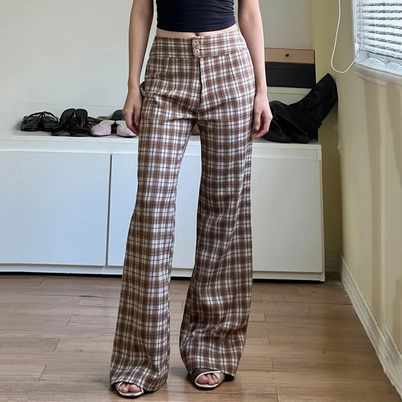 Women's Low Waist Plaid Flared Pants Vintage Y2K Streetwear Slim Fit Comfortable Versatile Casual Daily Trousers
