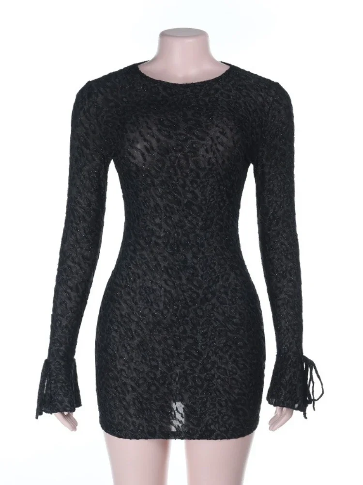 Minivestido brillante con estampado de leopardo y espalda descubierta, vestido Sexy ajustado de manga larga con cintura alta, vestido de fiesta a la moda, vestido ajustado para mujer 2025