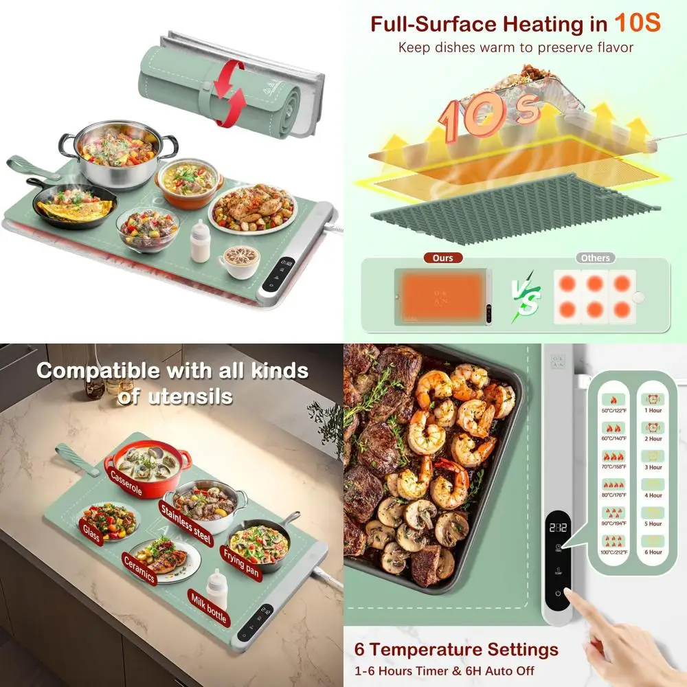 

Electric Silicone Food Warming Mat with 6 Heat Settings, Auto-Off Timer, Waterproof & Foldable for Buffet, Home, Office (23.6 in