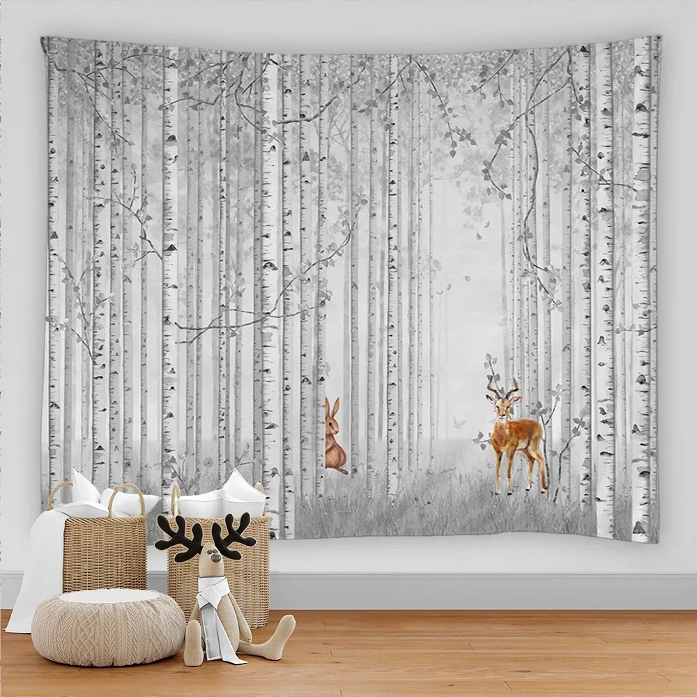 Birch Forest Nature Deer Tapestry Design Wood Grain Tapestry Forest Wall Hanging Living Room Decoration Home Decor Tree Wall