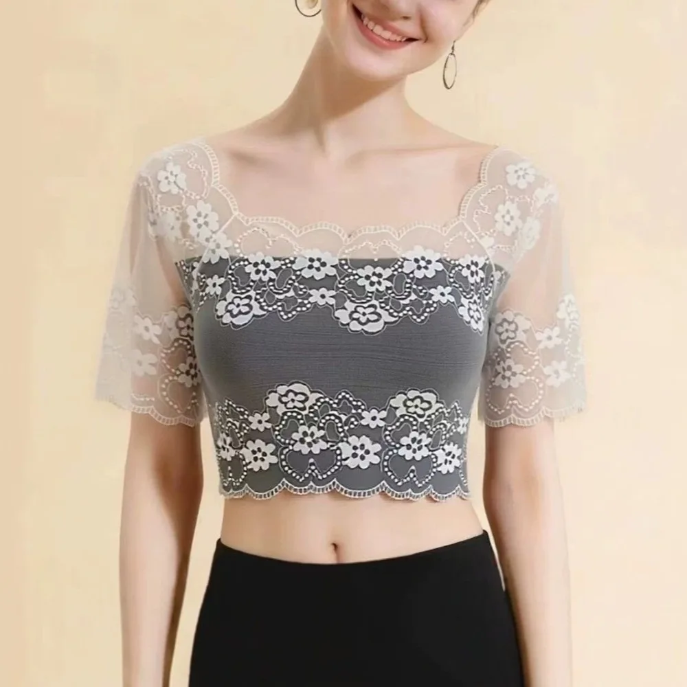 Fashion Nylon Lace Short Sleeve Top Short Sleeve Thin Light Fabric Sheer Mesh Blouse Breathable Sling Dress Cover Up Women