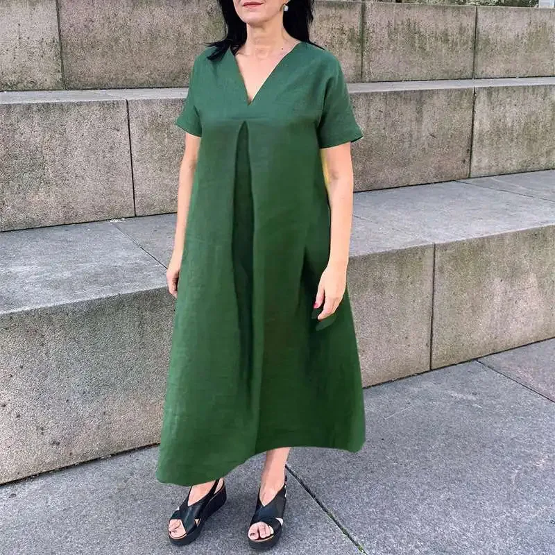 

Casual Solid Color Loose Pleated Maxi Dress Fashion V Neck Side Split Vacation Dresses 2025 Spring Summer New Linen Pocket Dress