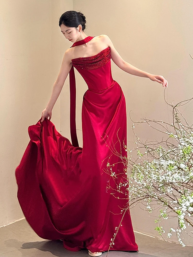 

Red Evening Gown Wedding Dr Bridesmaid Long Skirt Tube Top Banquet Ceremony Engagement Faionable High Waist Zipper
