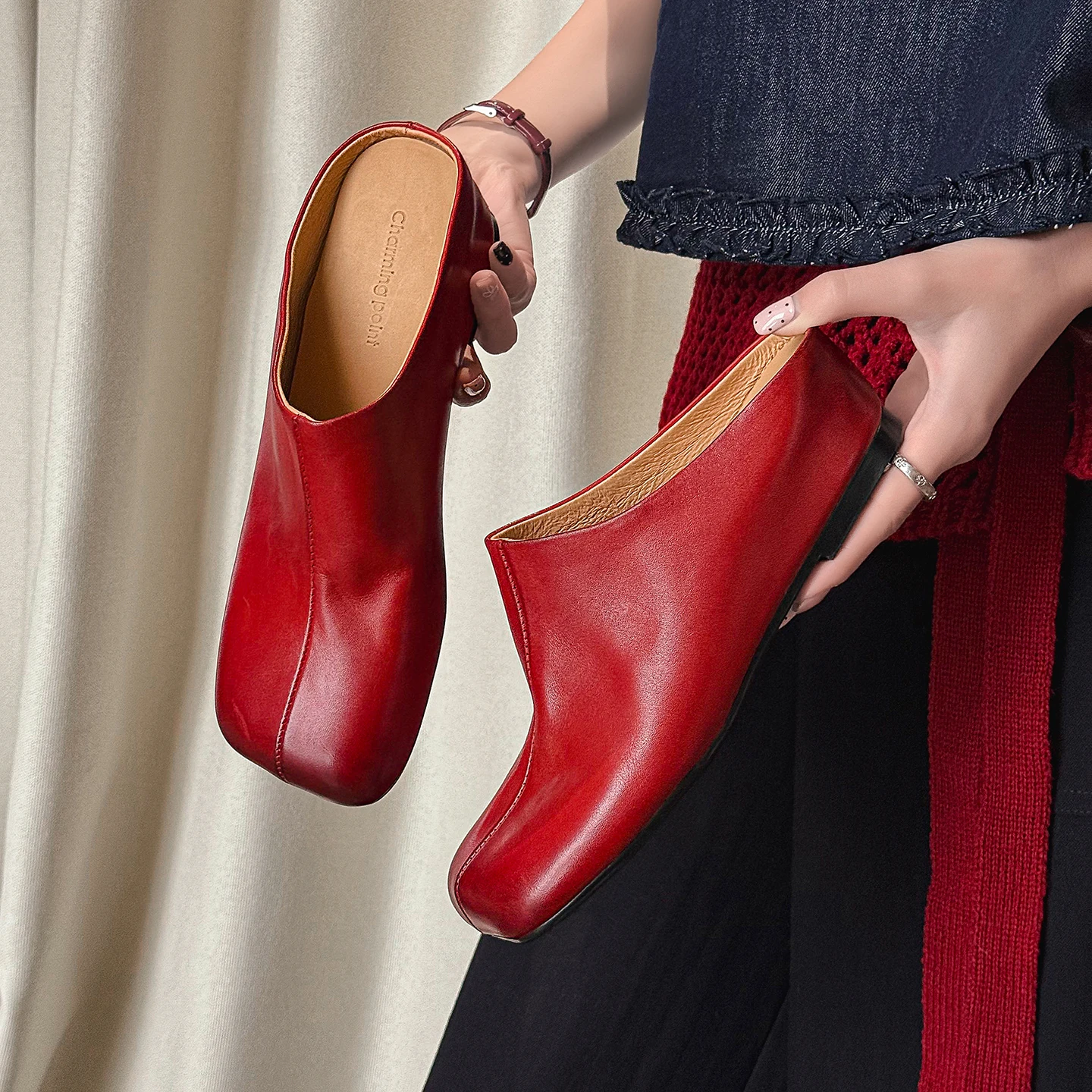 

New Genuine Leather Cowhide Women Mules, Square Toe Slip-on Women Slippers,Fashion Flats Women Shoes