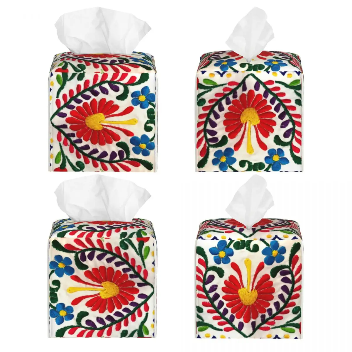 Custom Mexican Flowers Art Facial Tissue Box Cover Square Textile Embroidery PU Leather Tissue Box Holder for Car Home