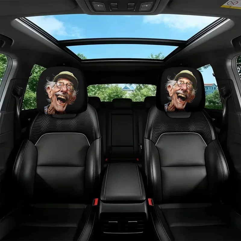 2pcs Funny Exaggerated Old for Man Face Print Car Headrest Covers, Car Interior Decoration, Easy to Install and Remove, Washable