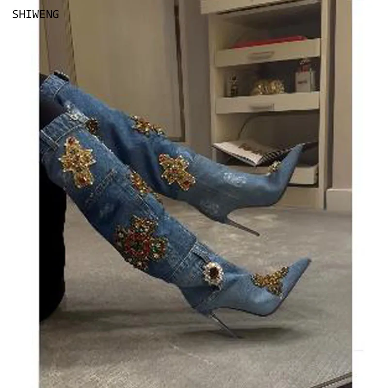 

2026 Women's Shoes Fashion High Heels Tube Denim Colorfur Crystal Boots Thin Heel Women's Boots Knight Boots 44