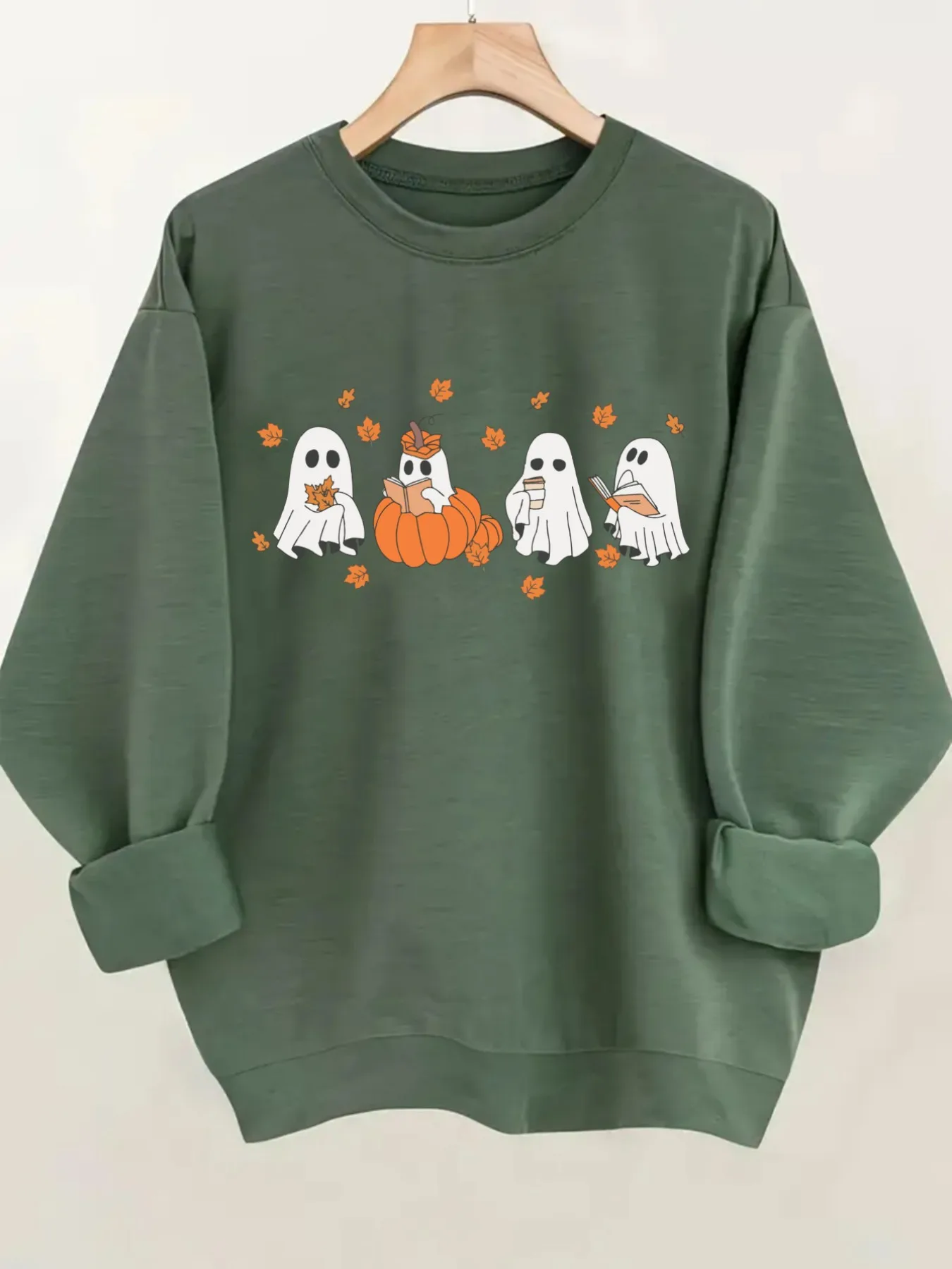 Women's Crewneck Pullover Sweatshirt Cute Ghost Pumpkin Design, Soft Casual Long Sleeve, Daily Casual Top Outfit, Winter Women's Clothing, Halloween Costume Outfit