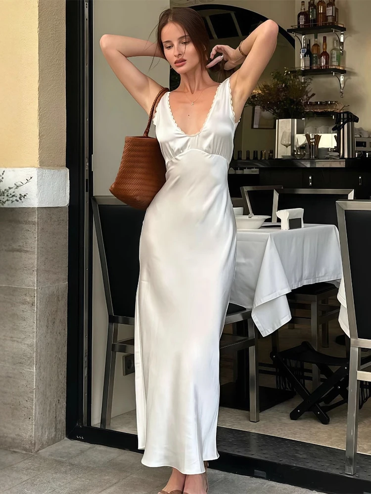 

Trendix White Elegant Evening Dress For Women Fashion Sleeveless Patchwork Ruffle Maxi Dresses Summer Vacation Party Sexy Dress