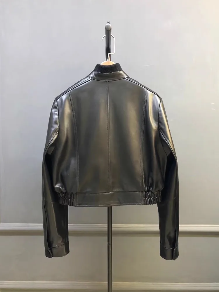Punk Stijl Vrouwen Korte Schapenvacht Lederen Jas Rits Zakken Stand Kraag Herfst Motorfiets Winddichte Jas Streetwear