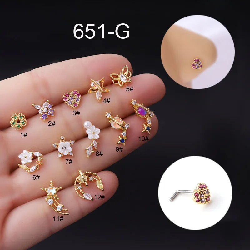 1PC Piercing Nose Rings Crystal Screw Nose Studs CZ Zircon Gold L Bend Flower Heart Butterfly Stainless Steel Nose Body Jewelry