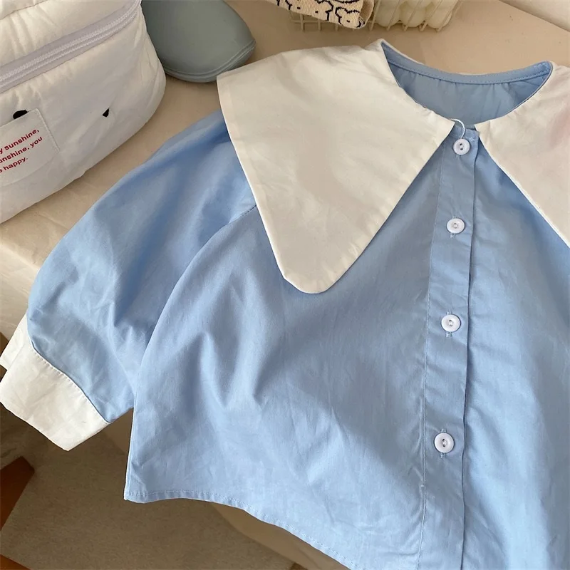 Fashion Baby Girl Cotton Shirt Pointed Collar Infant Toddler Child Blouses Outfit Long Sleeve Spring Autumn Baby Clothes 1-10Y