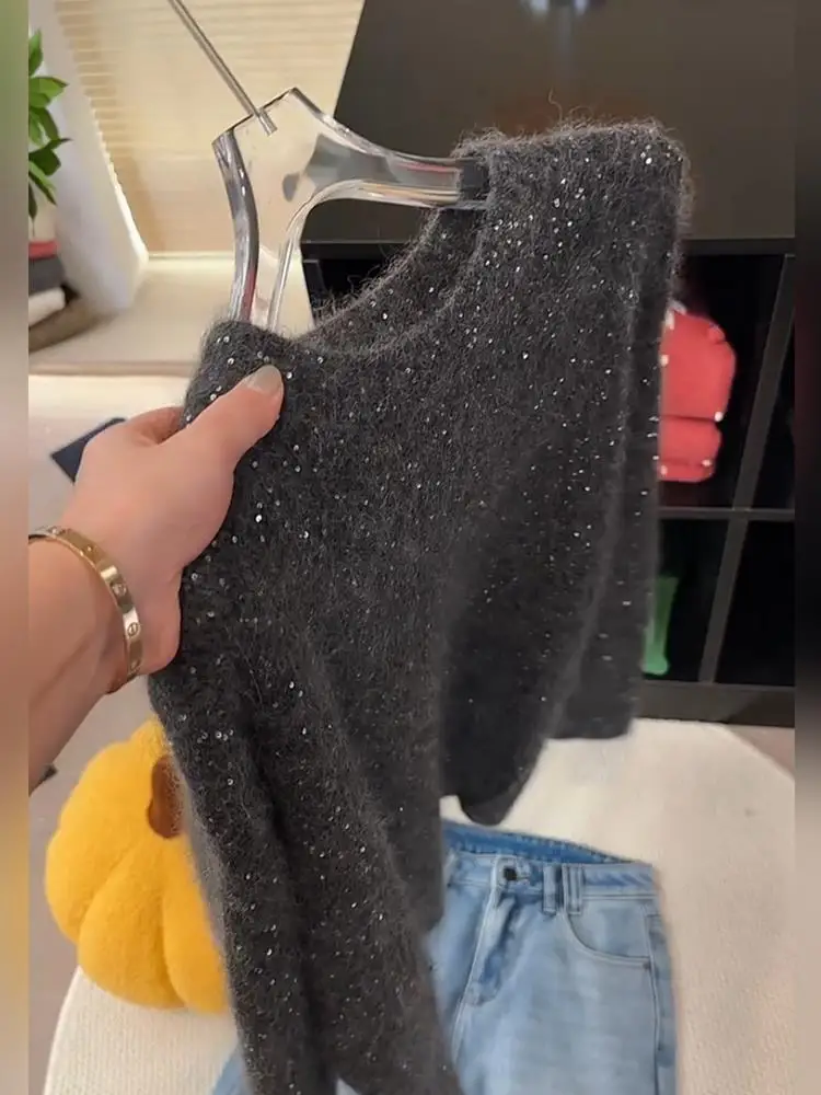 Soft Glitter Long Sleeve Knitted Sweater Women's Overhead Spring Autumn New Style Korean Version Commute Style  Color