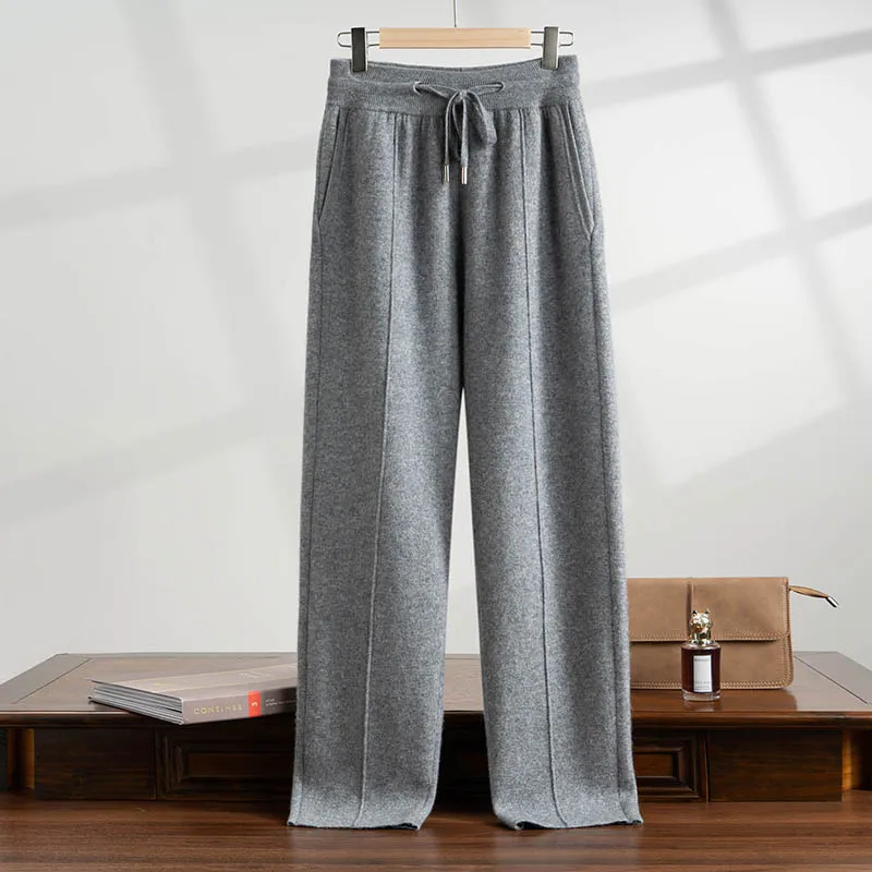 

2025 Men Cashmere Straight Pants Autumn Winter Solid 100% Cashmere Knitted Thickness Elastic Waist Trousers Casual Lace-up Pants