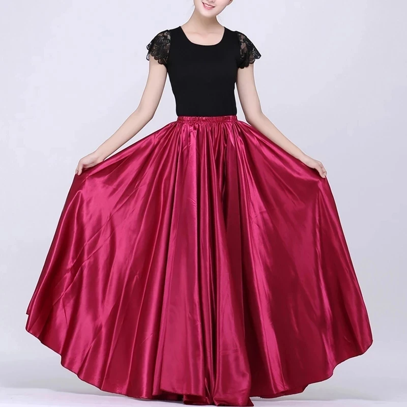 Belly Dancing Skirt Solid Gypsy Women Girl Spanish Flamenco Skirt Satin Big Swing Dress Adult Kids Stage Performance 360Degree