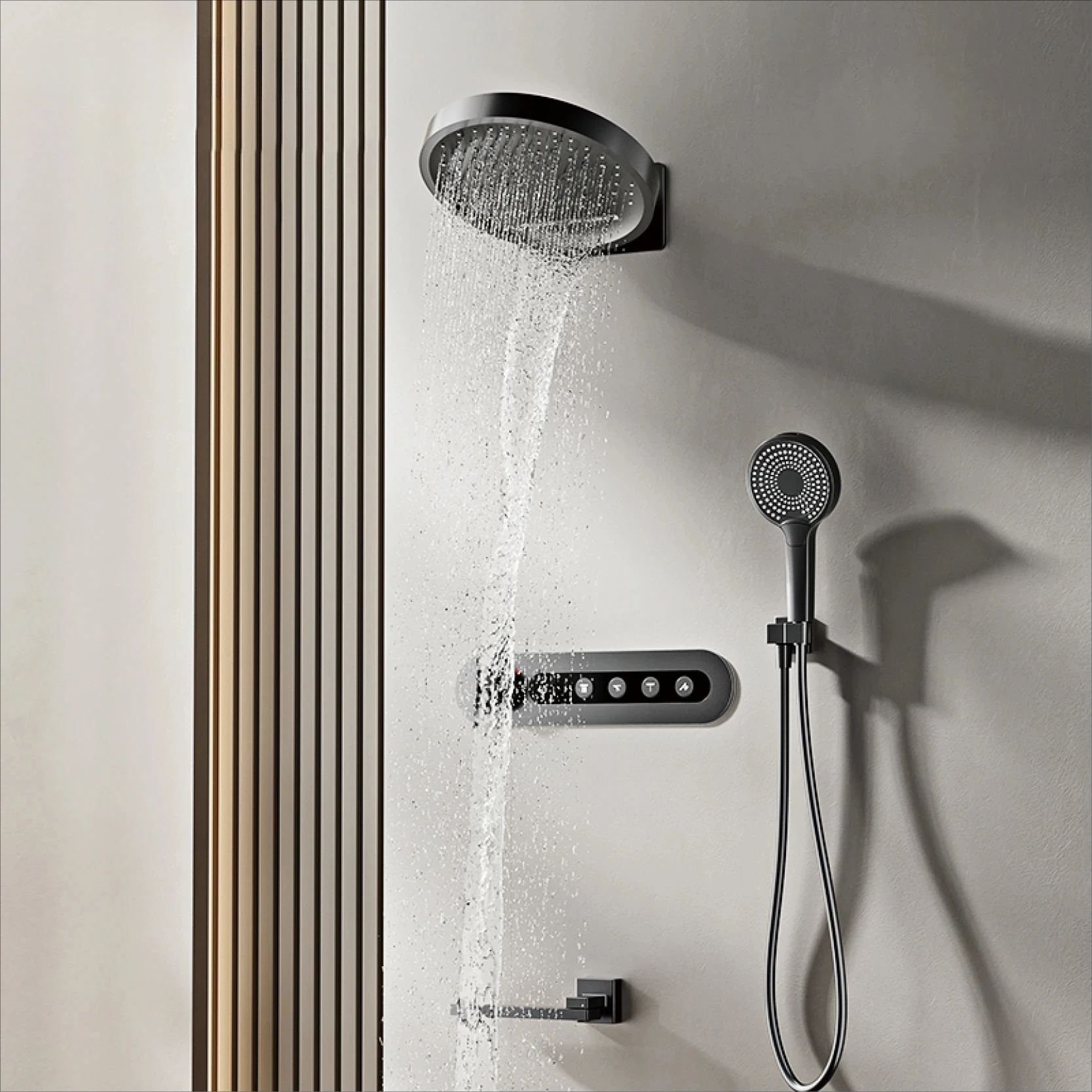 

Luxury round gun gray brass shower system intelligent digital display with four functions cold and hot dual control shower Tap