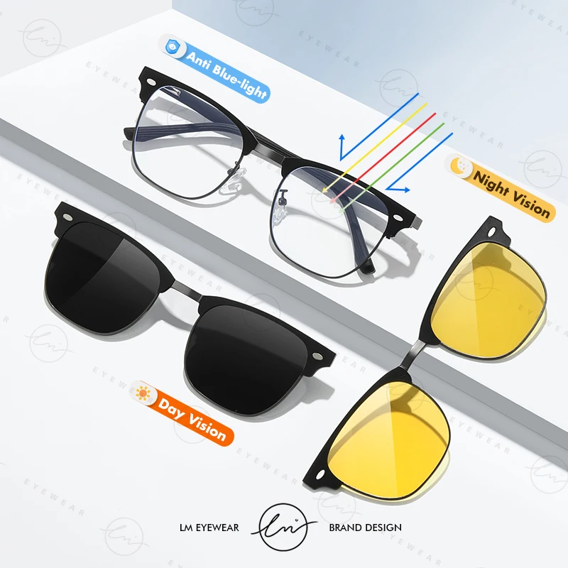LM 3 في 1 الوجه على النظارات الشمسية الرجال المغناطيسي الاستقطاب للرؤية الليلية والنهار كليب الكمبيوتر نظارات الضوء الأزرق حجب نظارات #2