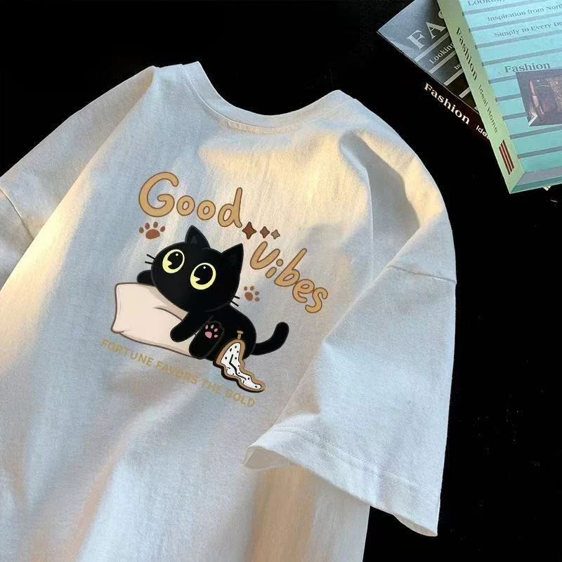 Black Cat Graphic T Shirt Cute Sleep Kitten Pillow Doodle Paw Print Slogan Summer Oversized Unisex Cotton Short Sleeve Pet Tee