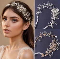 AiliBride Trendy Gold Pearl Crystal Wedding Headband Bridal Hairband Tiara Hair Jewelry Women Wedding Hair Ornaments Handmade