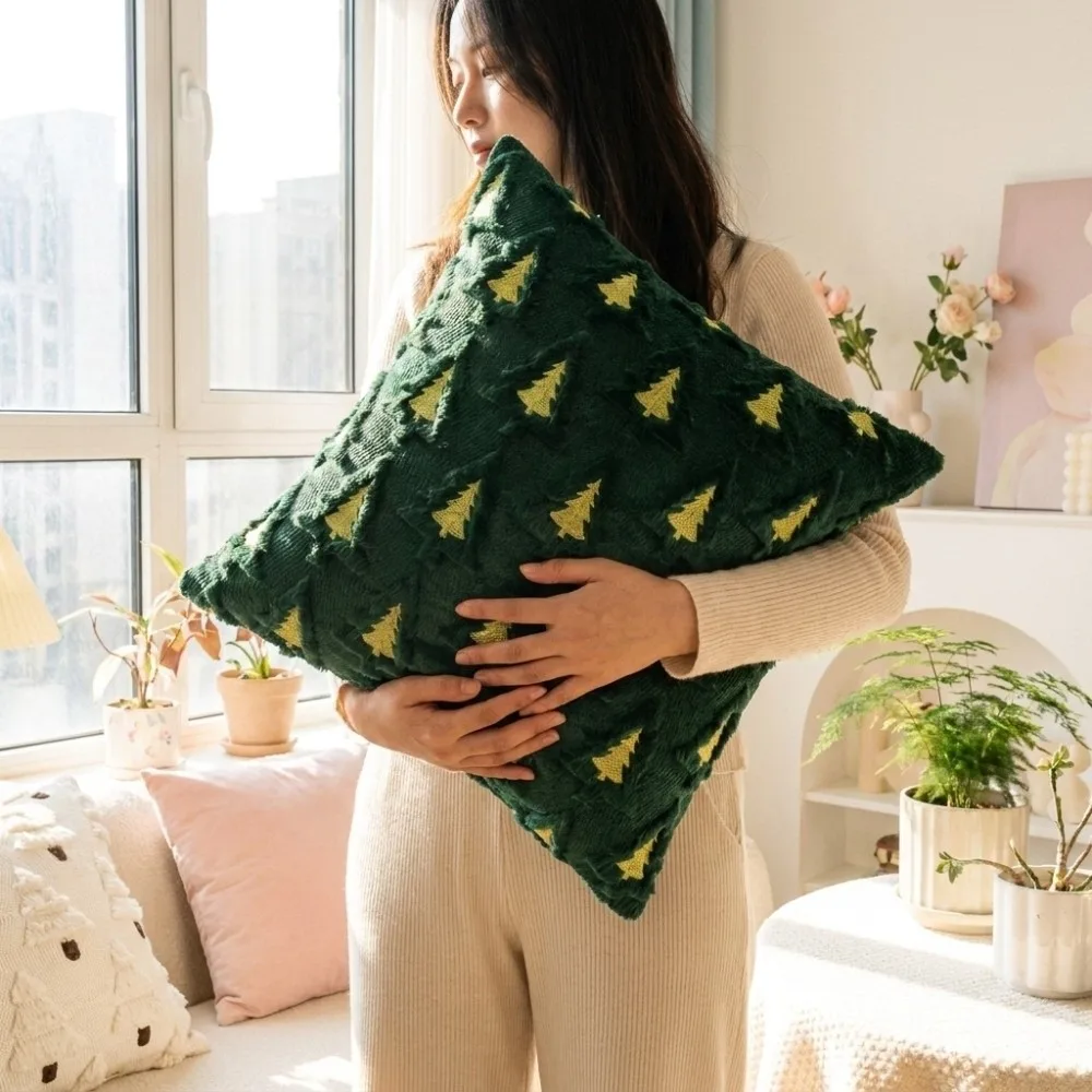 Cute 3D Colorful Christmas Tree Throw Pillow Covers Embroidered Plush Cushion Covers 18x18 Inch Minimalist Pillow Case Holiday