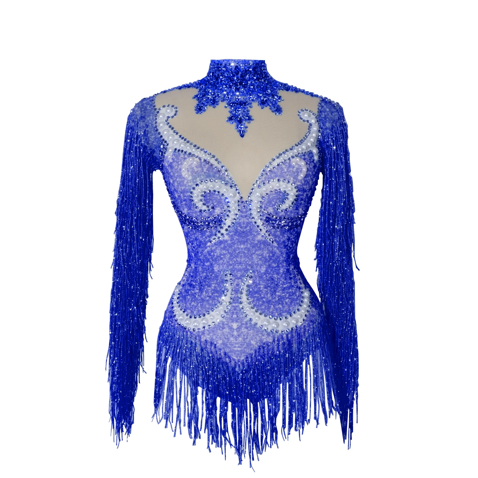 Custom Sexy fringe rhinestones bodysuit women team dance performance tights Club bar stage show leotard Mesh perspective costume