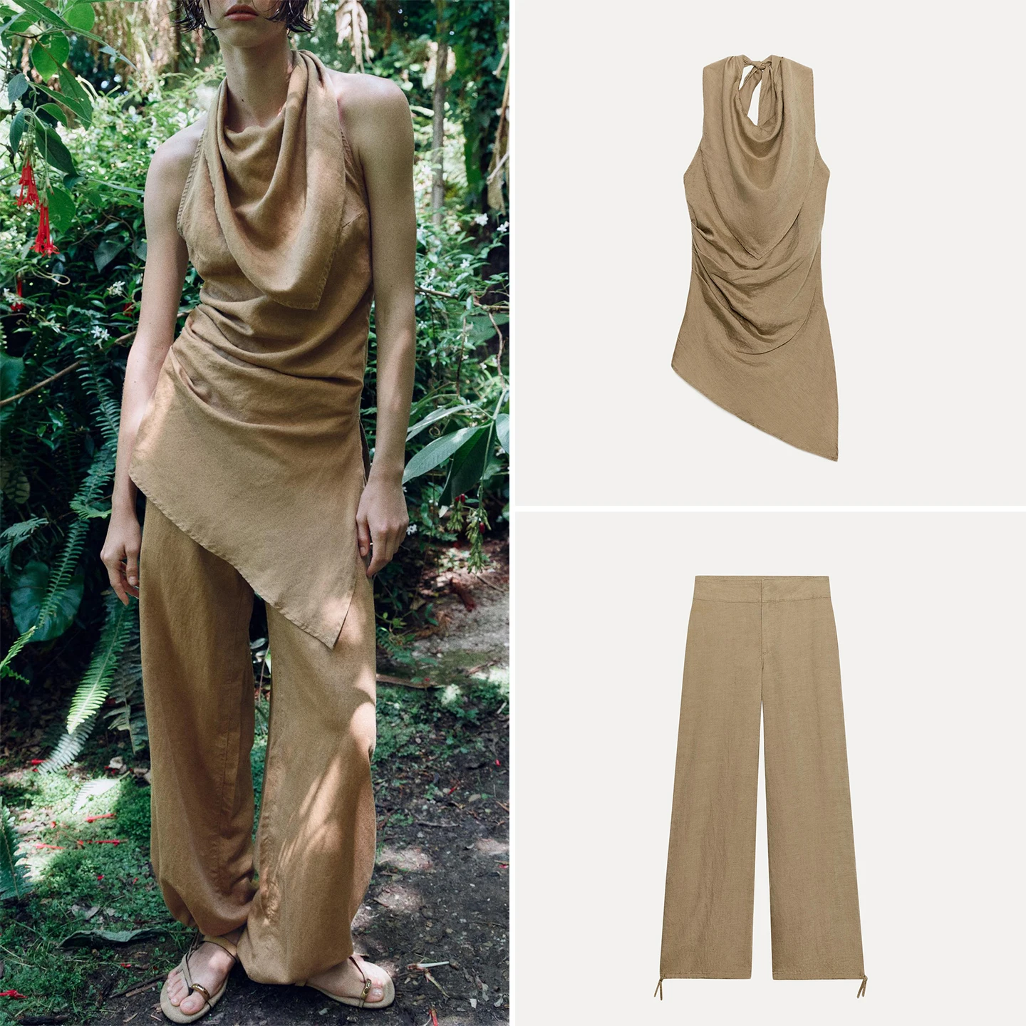 Women's Fashion Asymmetric Backless Neck Hanging Sleeveless Top Wide Leg Pants Summer Season Two-Piece Set ZADATA Brand