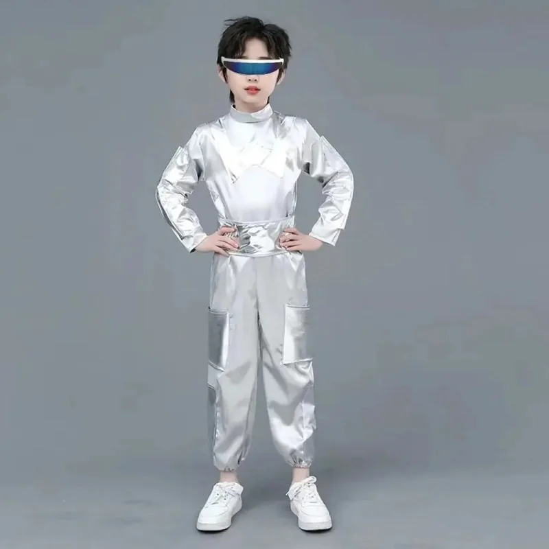 Costume de danse d'astronaute argenté pour enfants, idéal pour les spectacles de cosplay à l'école primaire et au collège, ensemble de danse tendance avec ailes