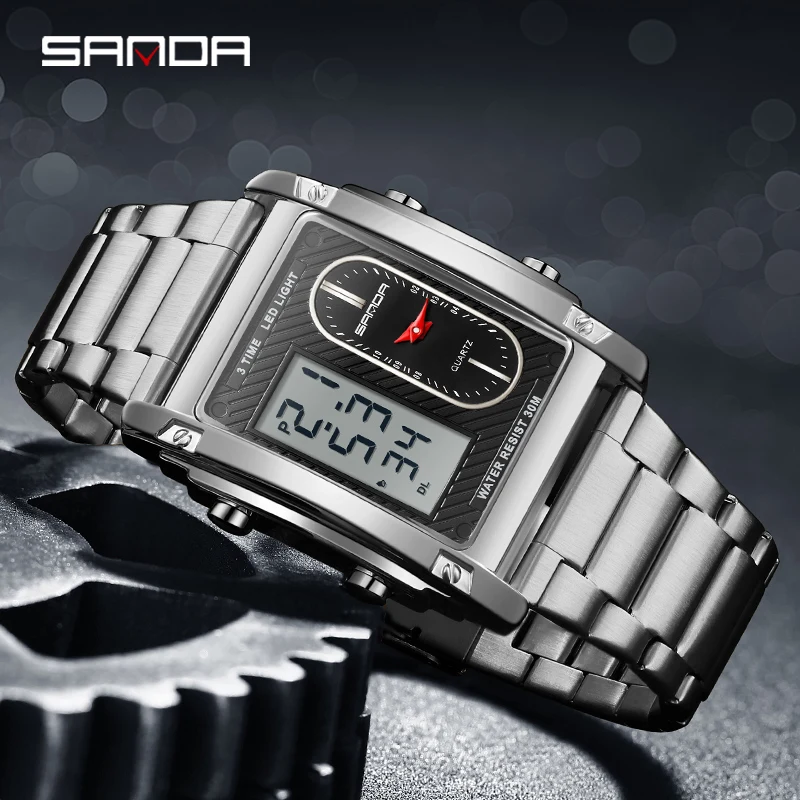 SANDA New Fashion Square Design Men's Watch Business Sports High Quality Waterproof LED Double Display Electron Quartz Watch Hot