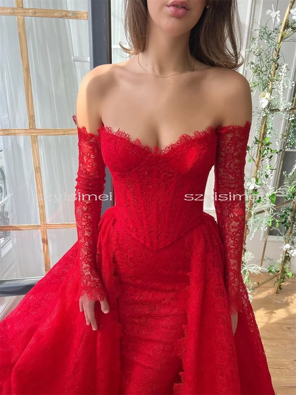 Sexy 3/4 Sleeves Full Lace Red Mermaid Wedding Dress Removable Long Train Custom Made Bridal Dress Vestido De Novial 2026
