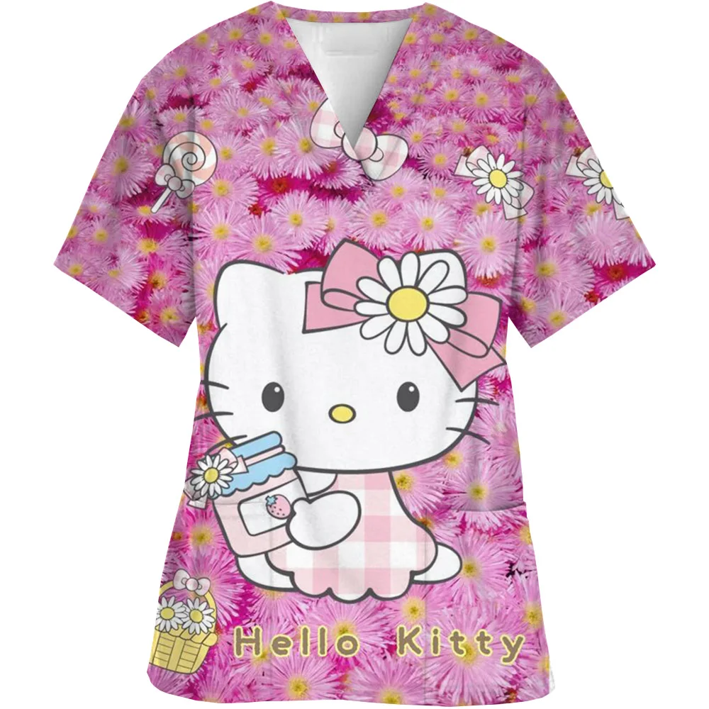 

Summer T-shirts Pocket Tops Nurse Uniform Hello Kitty V Neck Woman Clothes Shirt Hospital T-shirt Top Women 2024 Tees Women's